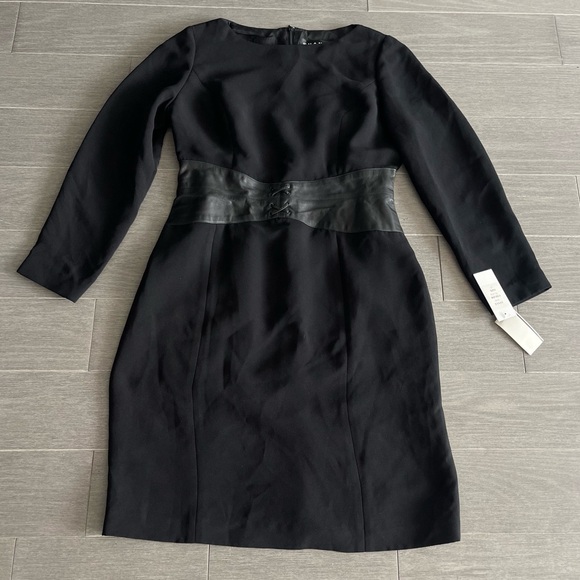 NWT SHANI Black Long Sleeve Sheath Pencil Dress Leather Corset Waist 12 Vintage - Picture 12 of 16